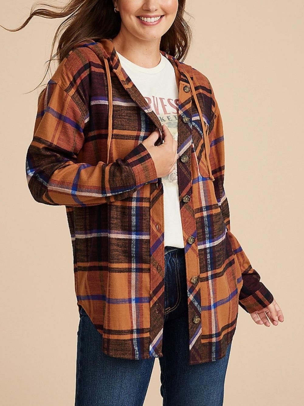 Cabin Plaid Hooded Button-Up Shirt